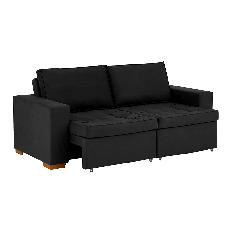Sofá 3 Lugares Retrátil Classic Suede Preto 180 cm