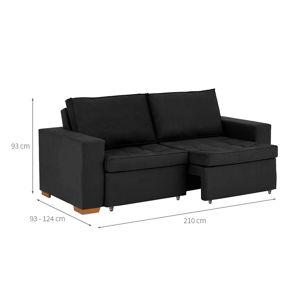 Sofá 3 Lugares Retrátil Classic Suede Preto