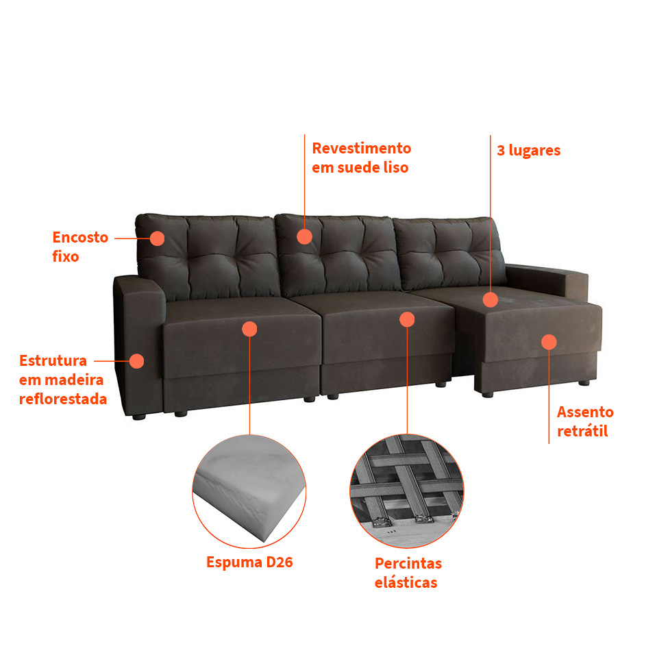 Sofá 3 Lugares Retrátil Lubeck II Suede Grafite 210 cm