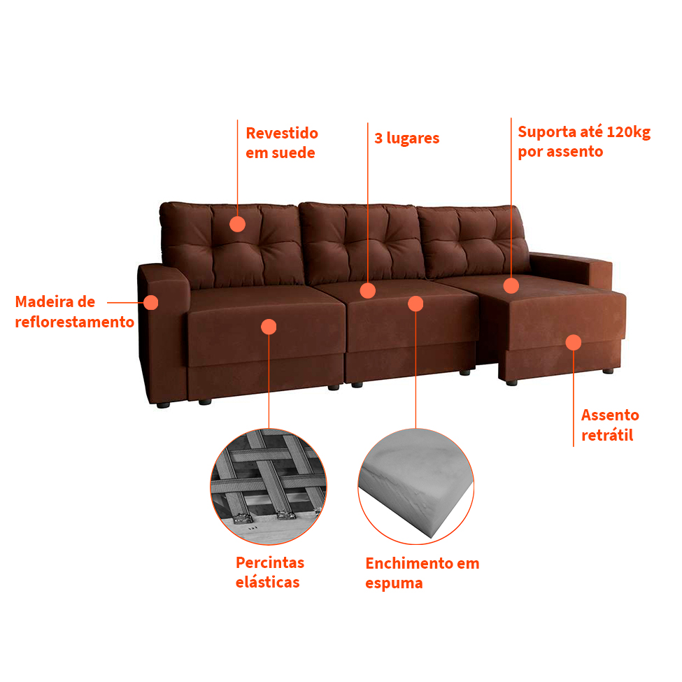 Sofá 3 Lugares Retrátil Lubeck II Suede Marrom 210 cm