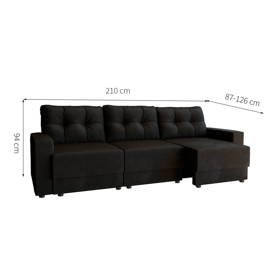 Sofá 3 Lugares Retrátil Lubeck II Suede Preto 210 cm