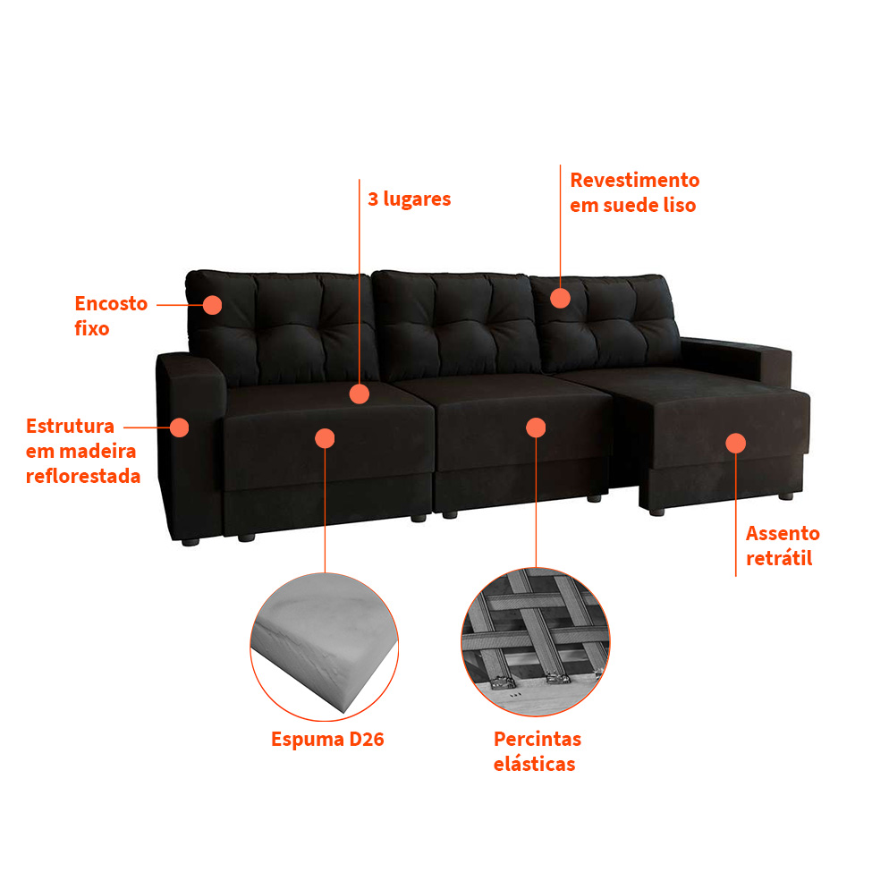 Sofá 3 Lugares Retrátil Lubeck II Suede Preto 210 cm