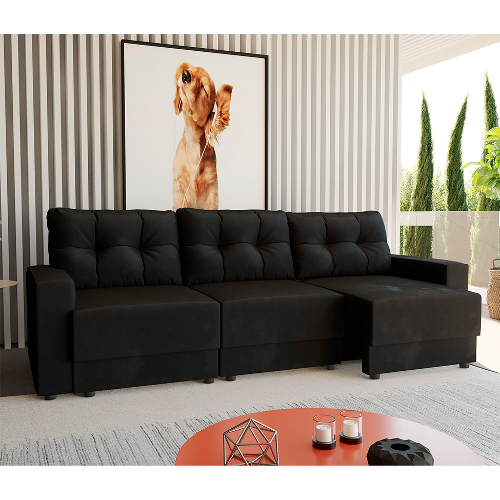 Sofá 3 Lugares Retrátil Lubeck II Suede Preto 210 cm