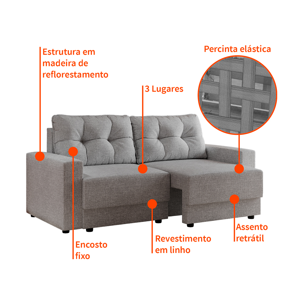 Sofá 3 Lugares Retrátil Lubeck Linho Cinza