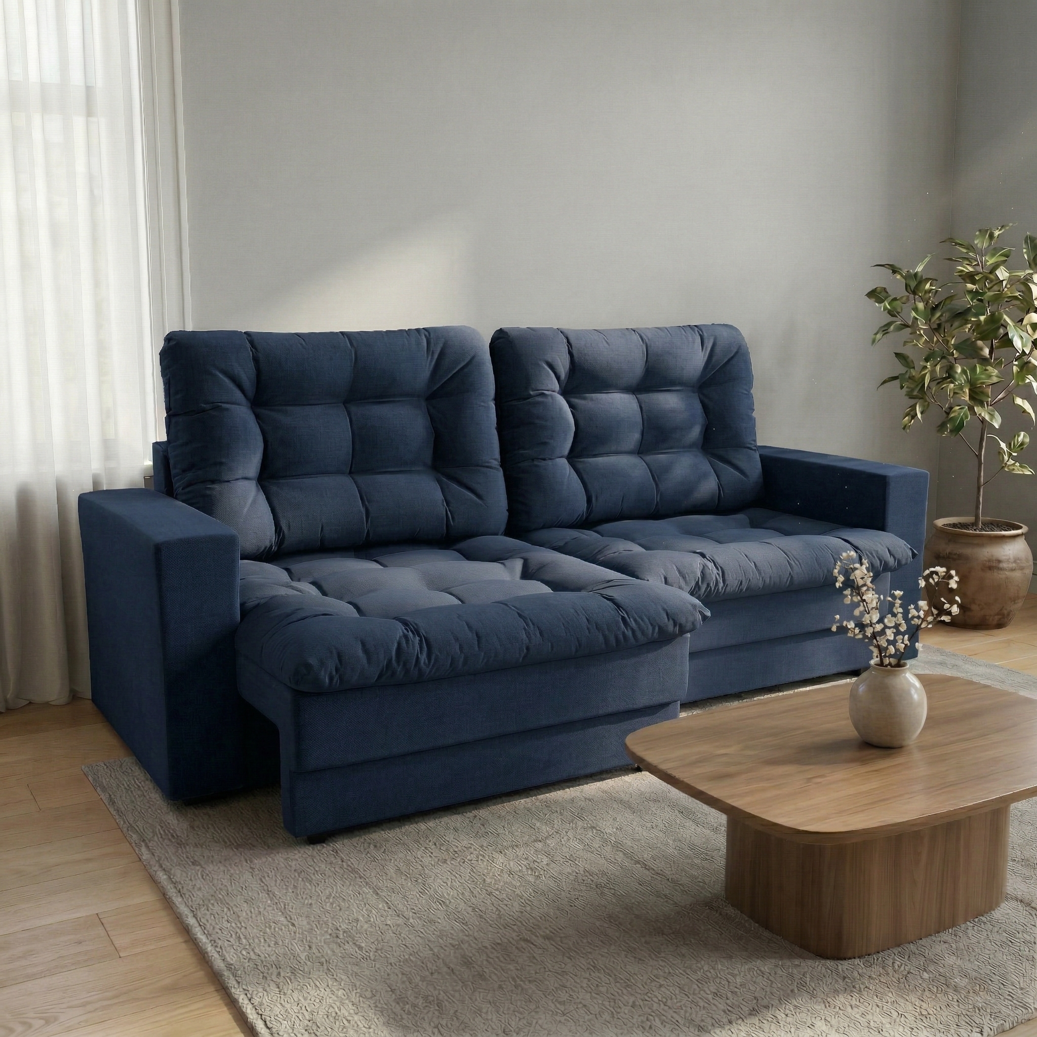Sofá 3 Lugares Retrátil Lubeck Plush Suede Azul Marinho 180 cm