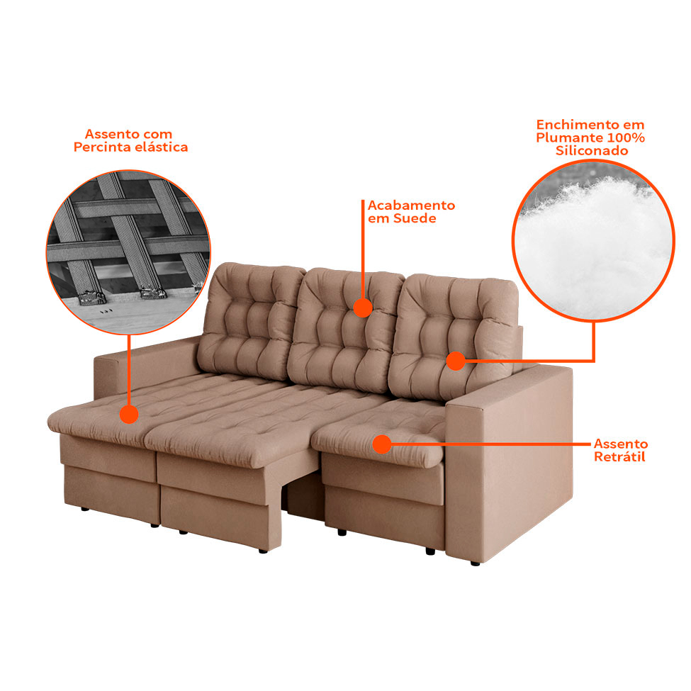 Sofá 3 Lugares Retrátil Lubeck Plush Suede Bege 210 cm