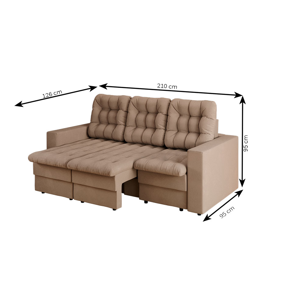 Sofá 3 Lugares Retrátil Lubeck Plush Suede Bege 210 cm