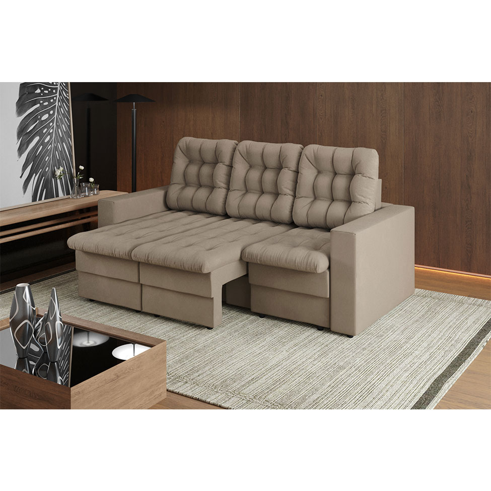 Sofá 3 Lugares Retrátil Lubeck Plush Suede Bege 210 cm
