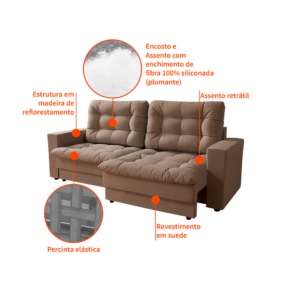 Sofá 3 Lugares Retrátil Lubeck Plush Suede Bege