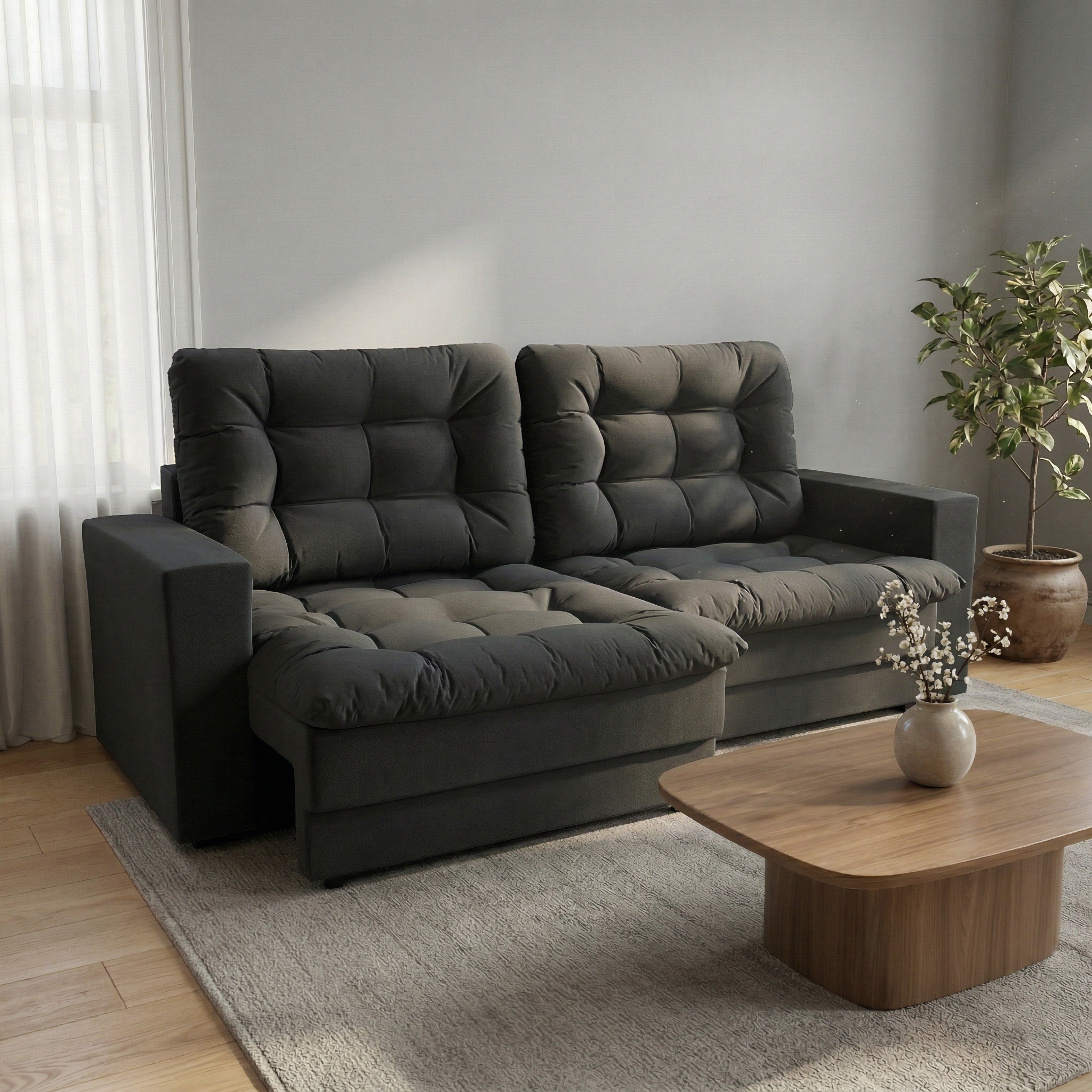 Sofá 3 Lugares Retrátil Lubeck Plush Suede Grafite