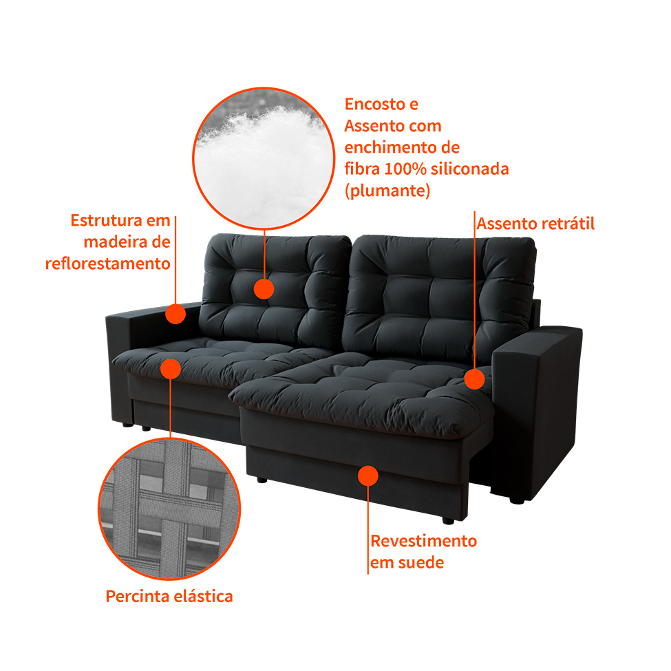 Sofá 3 Lugares Retrátil Lubeck Plush Suede Grafite