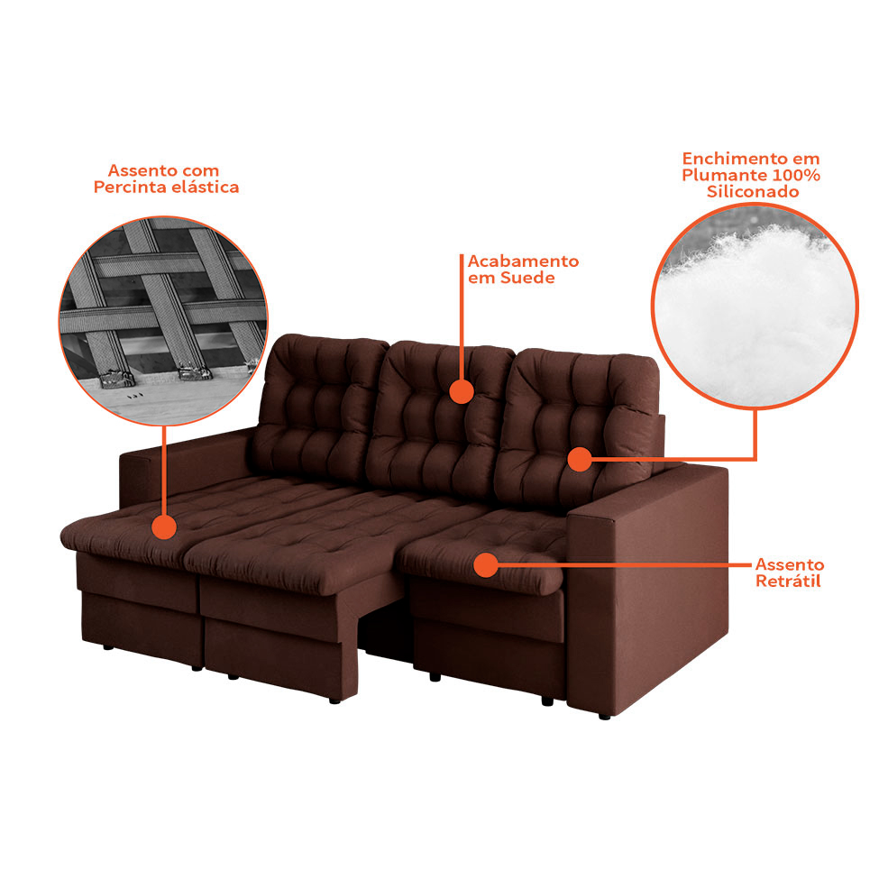 Sofá 3 Lugares Retrátil Lubeck Plush Suede Marrom 210 cm