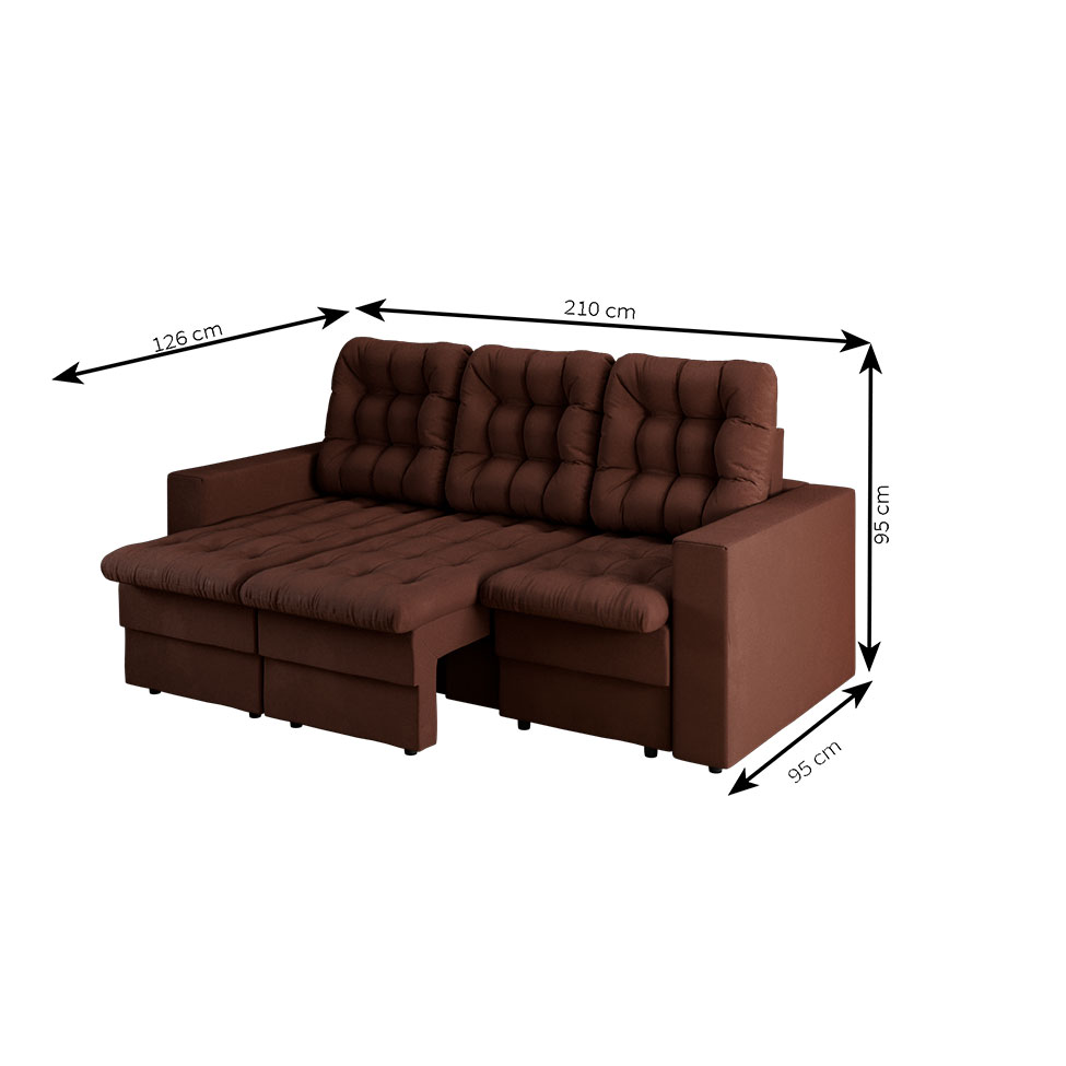 Sofá 3 Lugares Retrátil Lubeck Plush Suede Marrom 210 cm