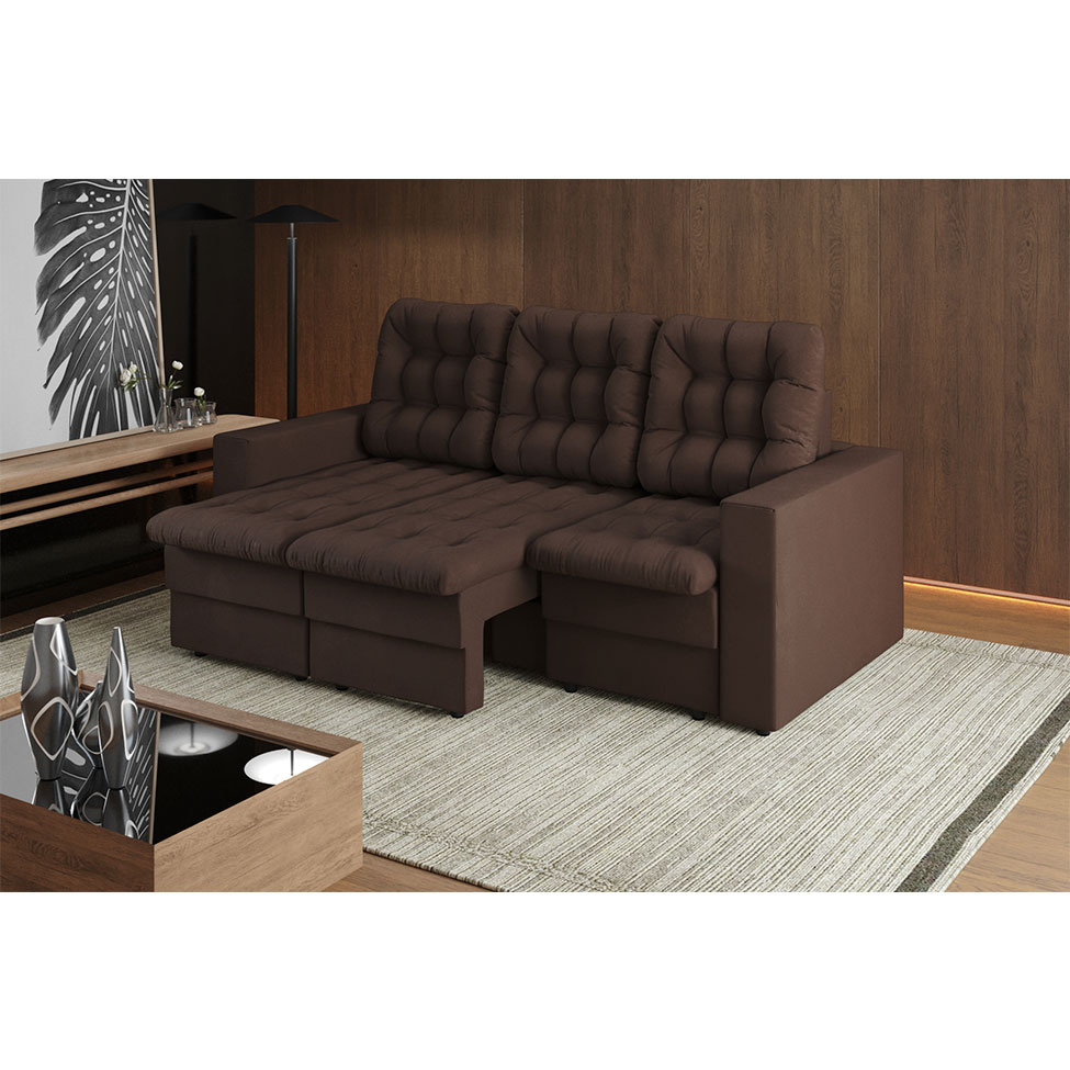 Sofá 3 Lugares Retrátil Lubeck Plush Suede Marrom 210 cm