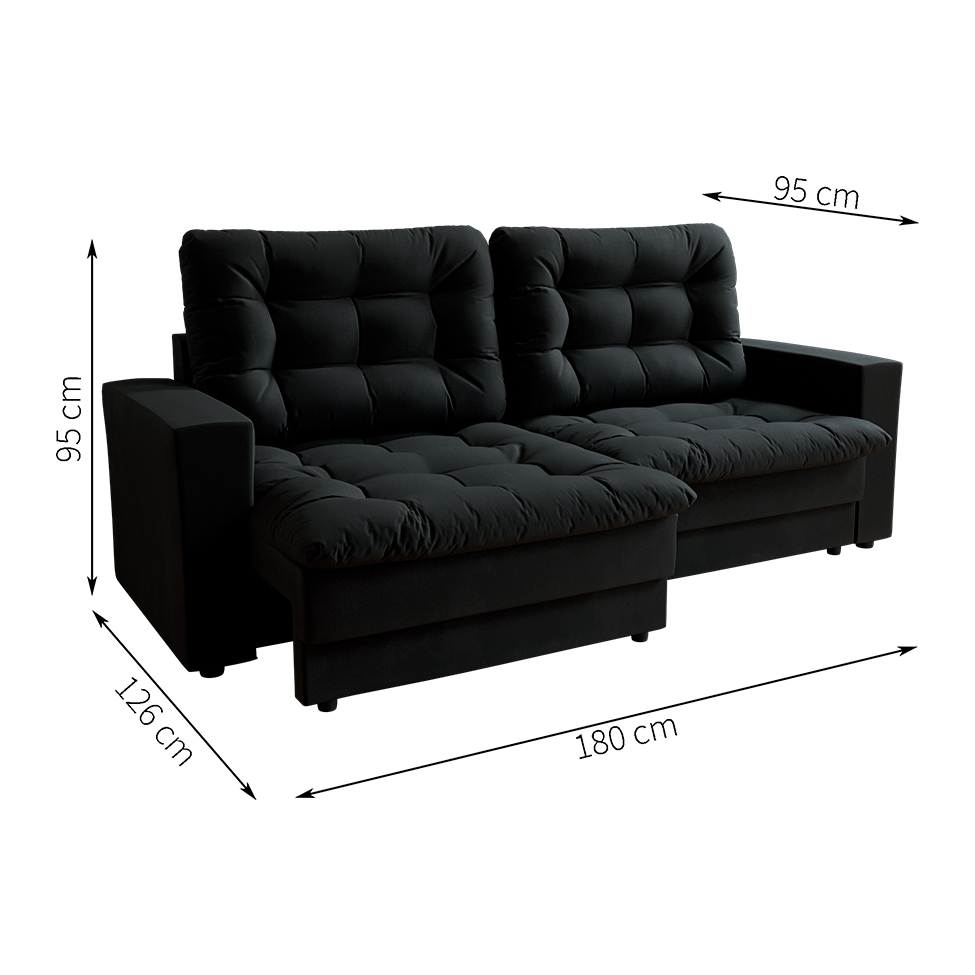 Sofá 3 Lugares Retrátil Lubeck Plush Suede Preto
