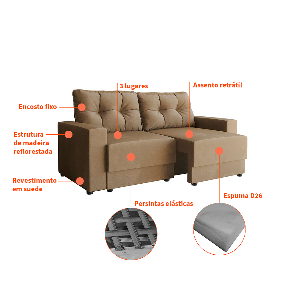 Sofá 3 Lugares Retrátil Lubeck Suede Bege 180 cm