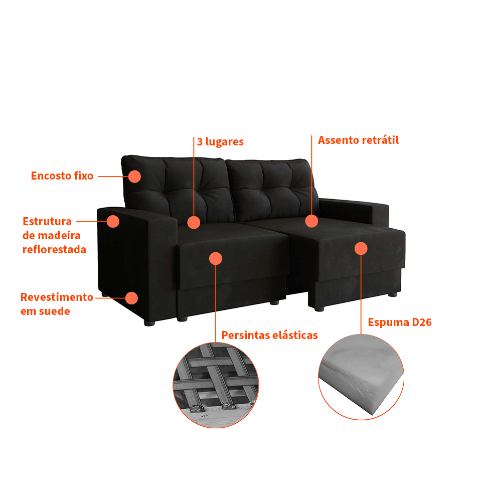 Sofá 3 Lugares Retrátil Lubeck Suede Preto 180 cm