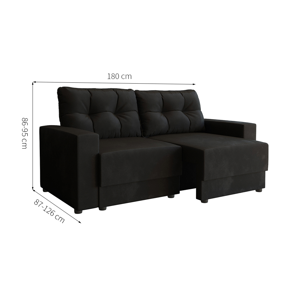 Sofá 3 Lugares Retrátil Lubeck Suede Preto 180 cm