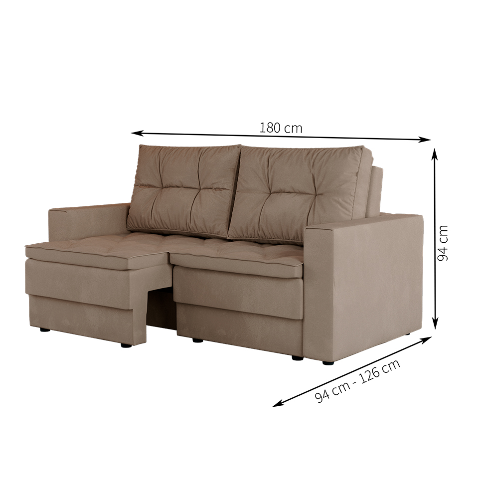 Sofá 3 Lugares Retrátil Lucerna Suede Bege 180 cm