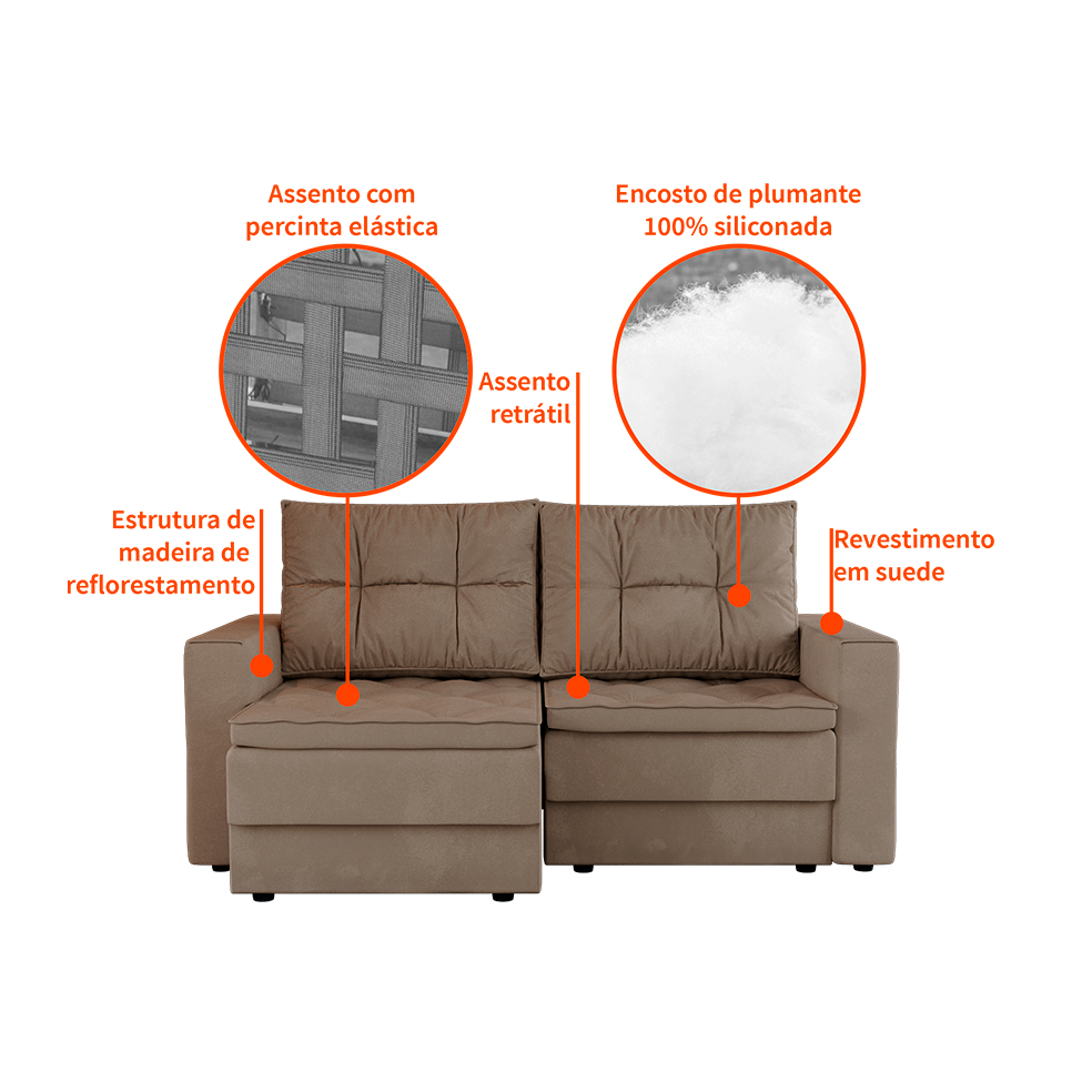 Sofá 3 Lugares Retrátil Lucerna Suede Bege 180 cm