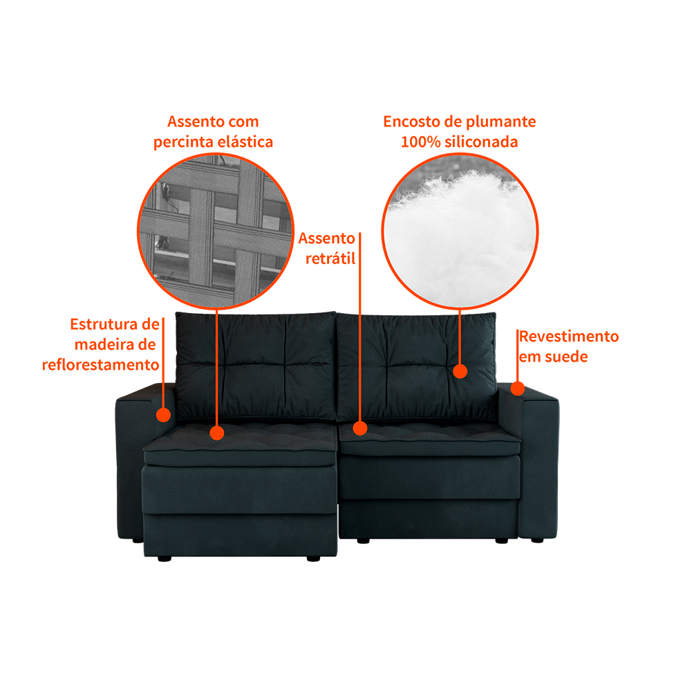 Sofá 3 Lugares Retrátil Lucerna Suede Grafite 180 cm
