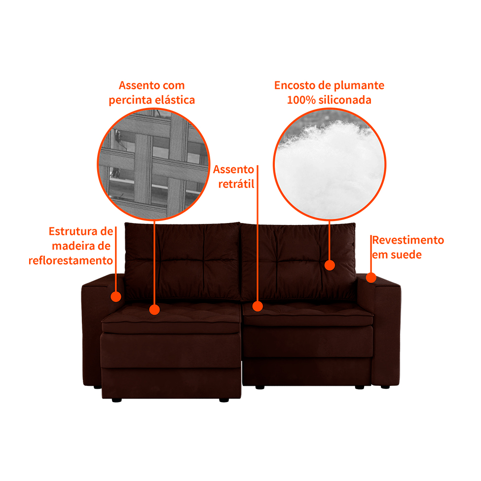 Sofá 3 Lugares Retrátil Lucerna Suede Marrom 180 cm