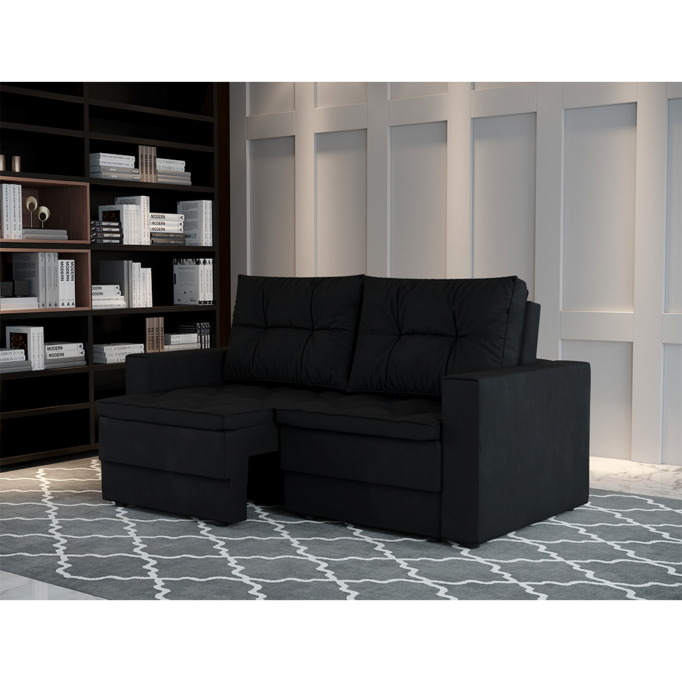 Sofá 3 Lugares Retrátil Lucerna Suede Preto 180 cm