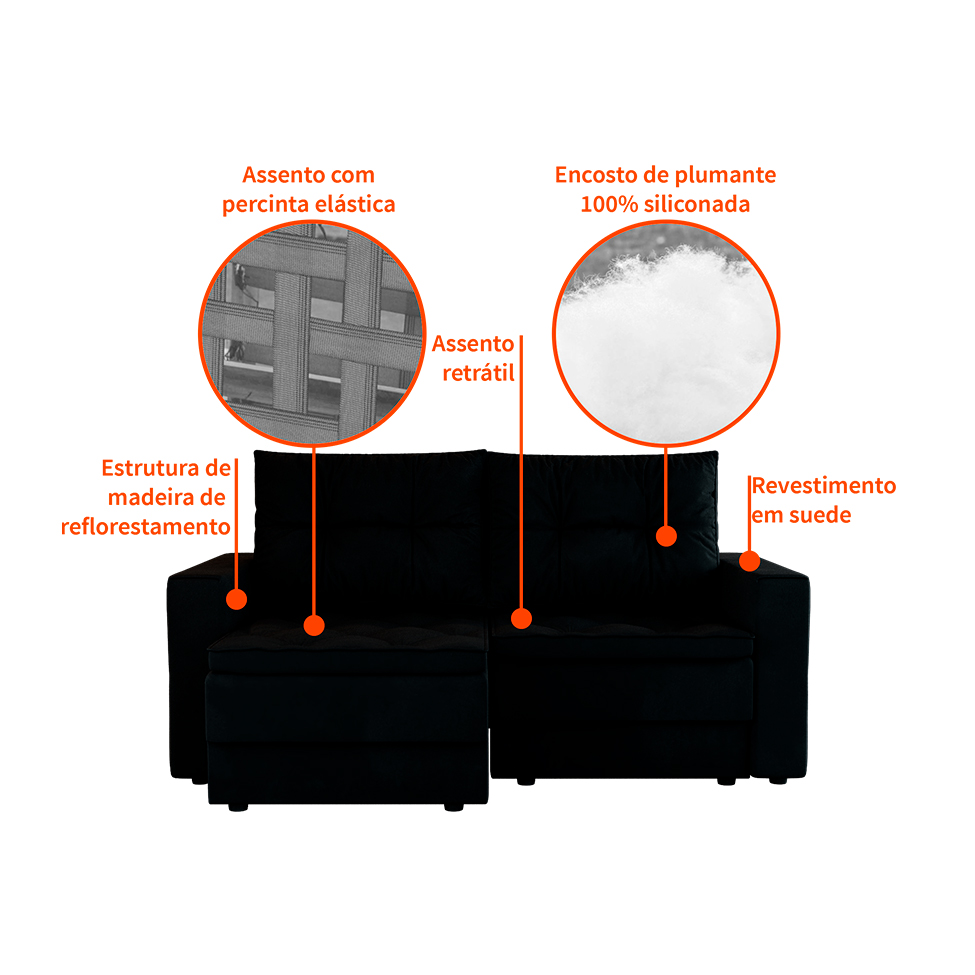 Sofá 3 Lugares Retrátil Lucerna Suede Preto 180 cm
