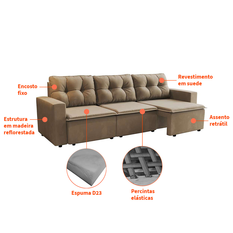 Sofá 3 Lugares Retrátil Nairóbi Suede Bege 210 cm