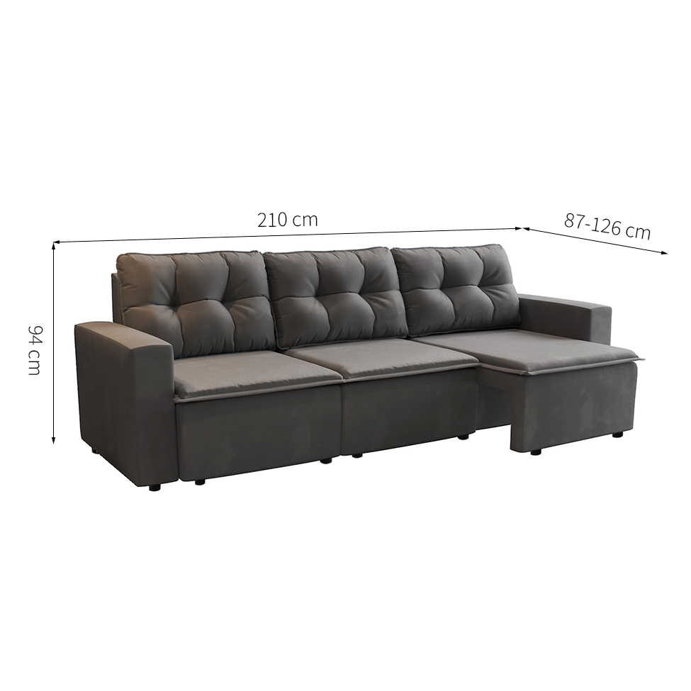 Sofá 3 Lugares Retrátil Nairóbi Suede Grafite 210 cm