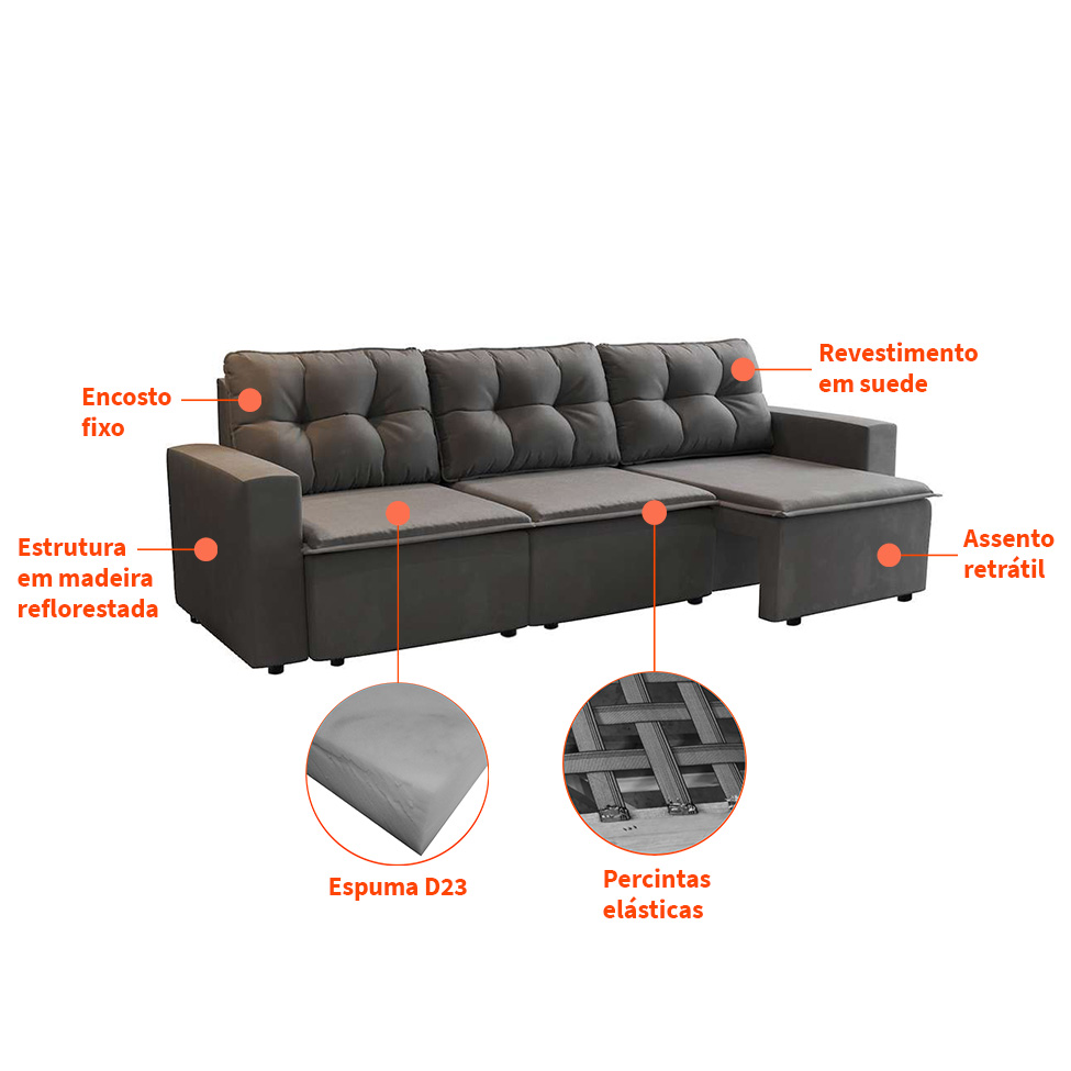 Sofá 3 Lugares Retrátil Nairóbi Suede Grafite 210 cm