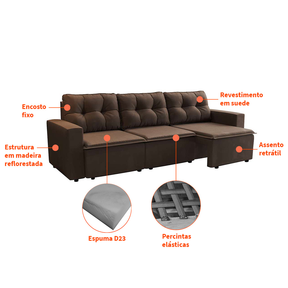 Sofá 3 Lugares Retrátil Nairóbi Suede Marrom 210 cm