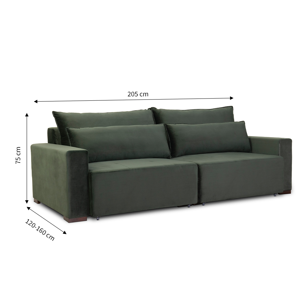 Sofá 3 Lugares Retrátil Pavia Veludo Esmeralda 205 cm
