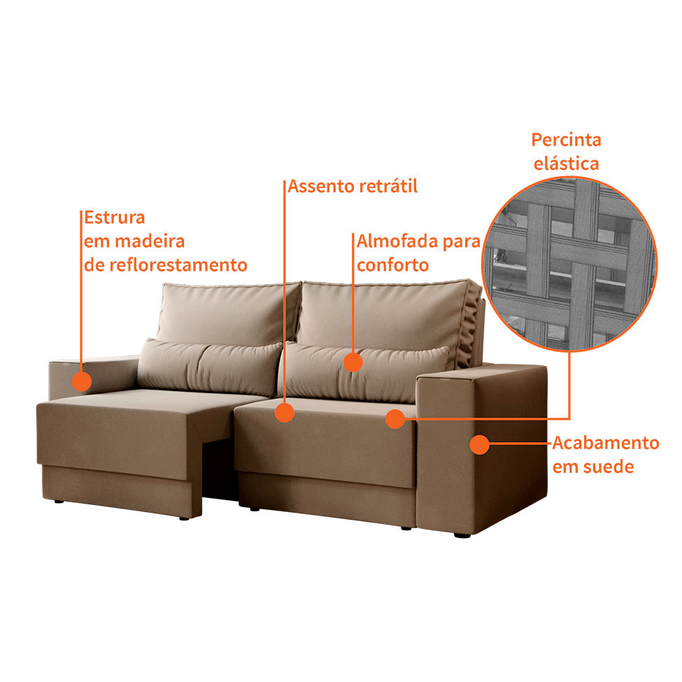 Sofá 3 Lugares Retrátil Sochi Suede Bege
