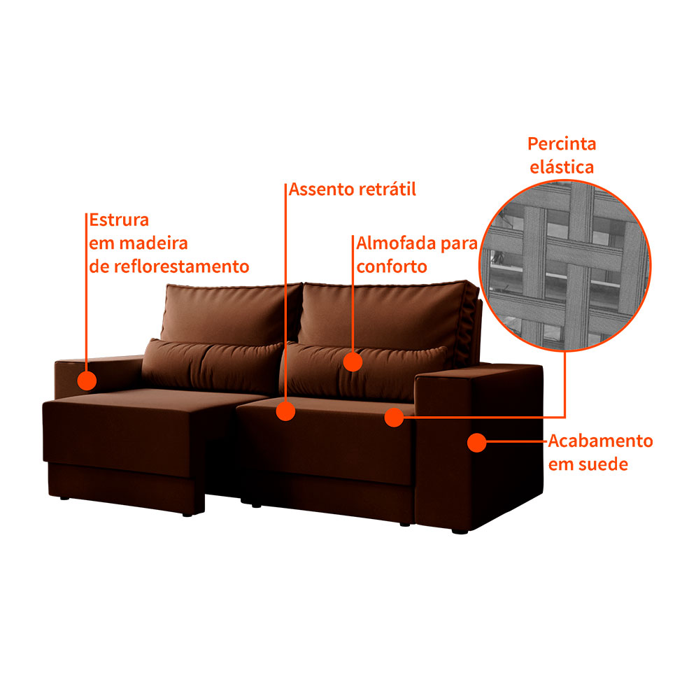 Sofá 3 Lugares Retrátil Sochi Suede Marrom