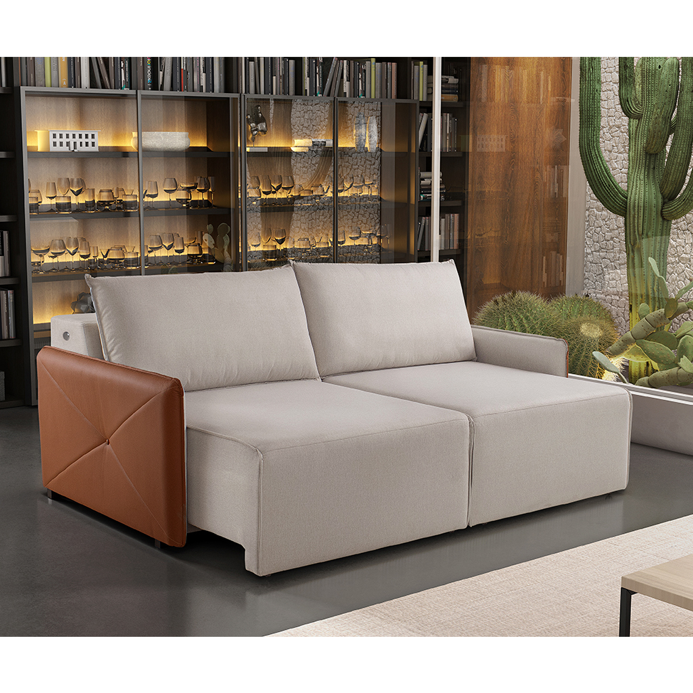 Sofá 3 Lugares Retrátil Urban com Entrada USB Linho Bege e Caramelo 200 cm