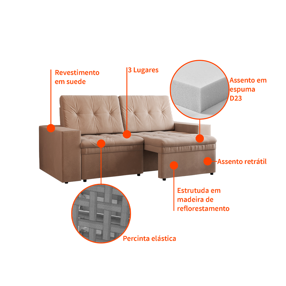 Sofá 3 Lugares Retrátil Zoy Plush Suede Bege