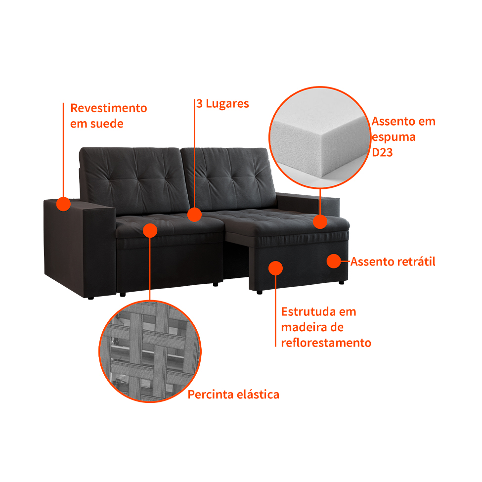 Sofá 3 Lugares Retrátil Zoy Plush Suede Grafite