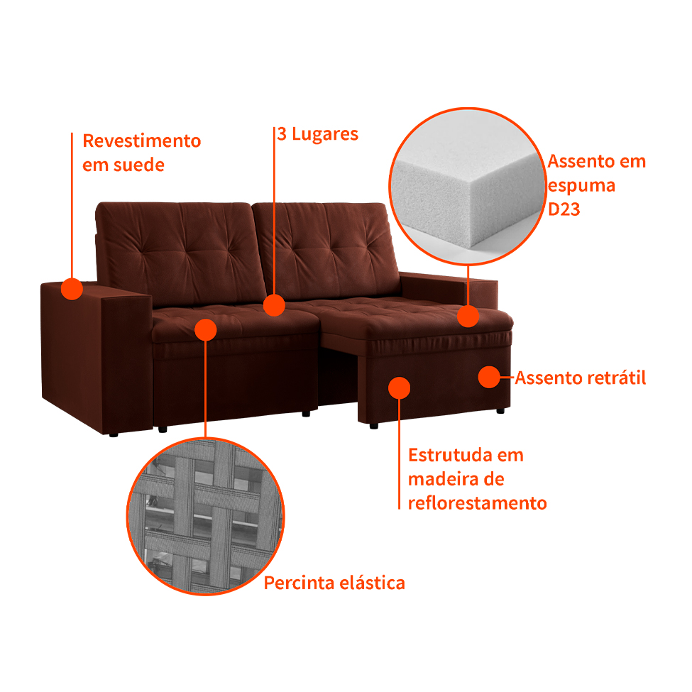 Sofá 3 Lugares Retrátil Zoy Plush Suede Marrom