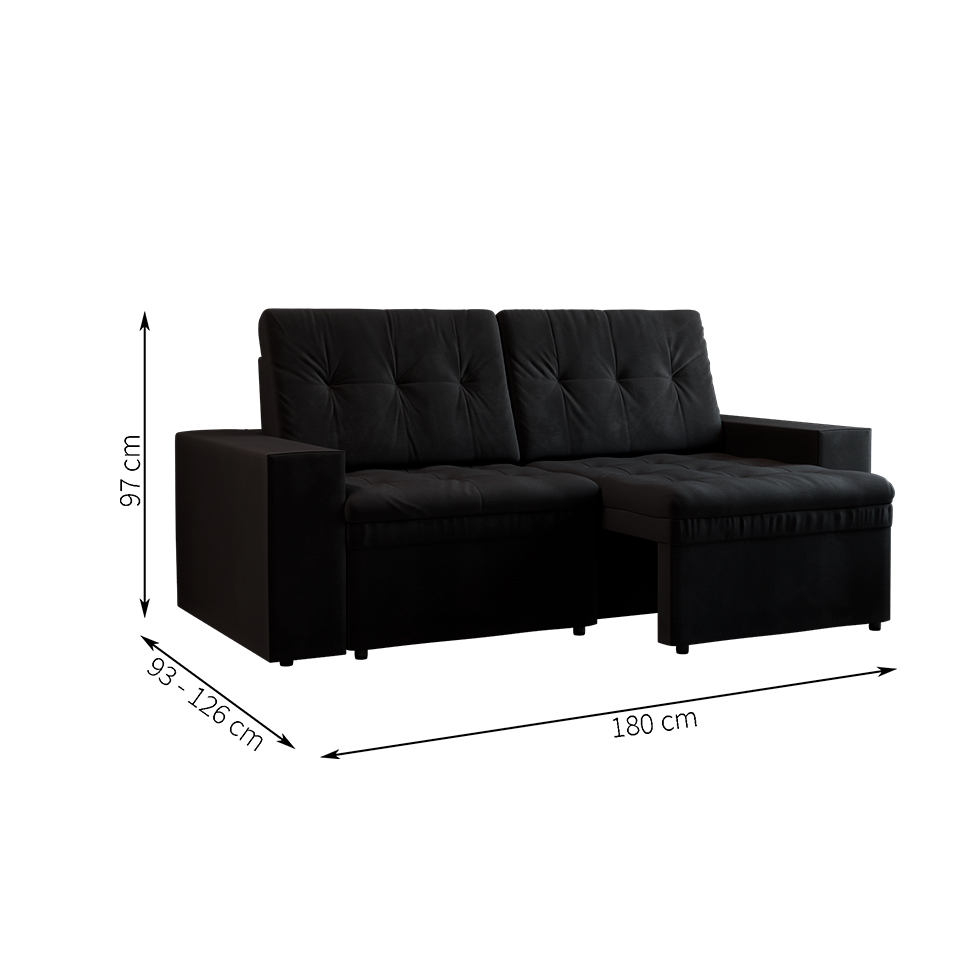 Sofá 3 Lugares Retrátil Zoy Plush Suede Preto