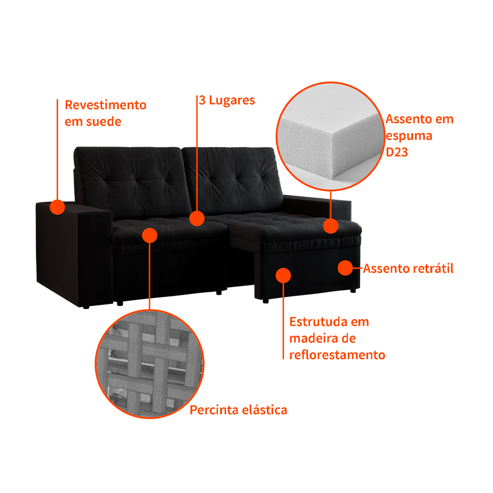 Sofá 3 Lugares Retrátil Zoy Plush Suede Preto