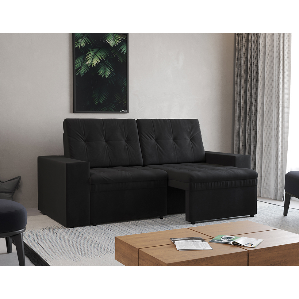 Sofá 3 Lugares Retrátil Zoy Plush Suede Preto