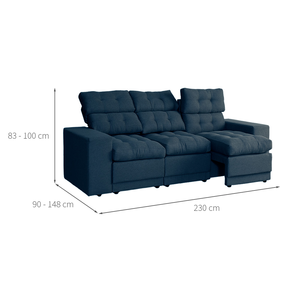 Sofá 3 Lugares Retrátil e Reclinável Baden Linho Azul Marinho 230 cm