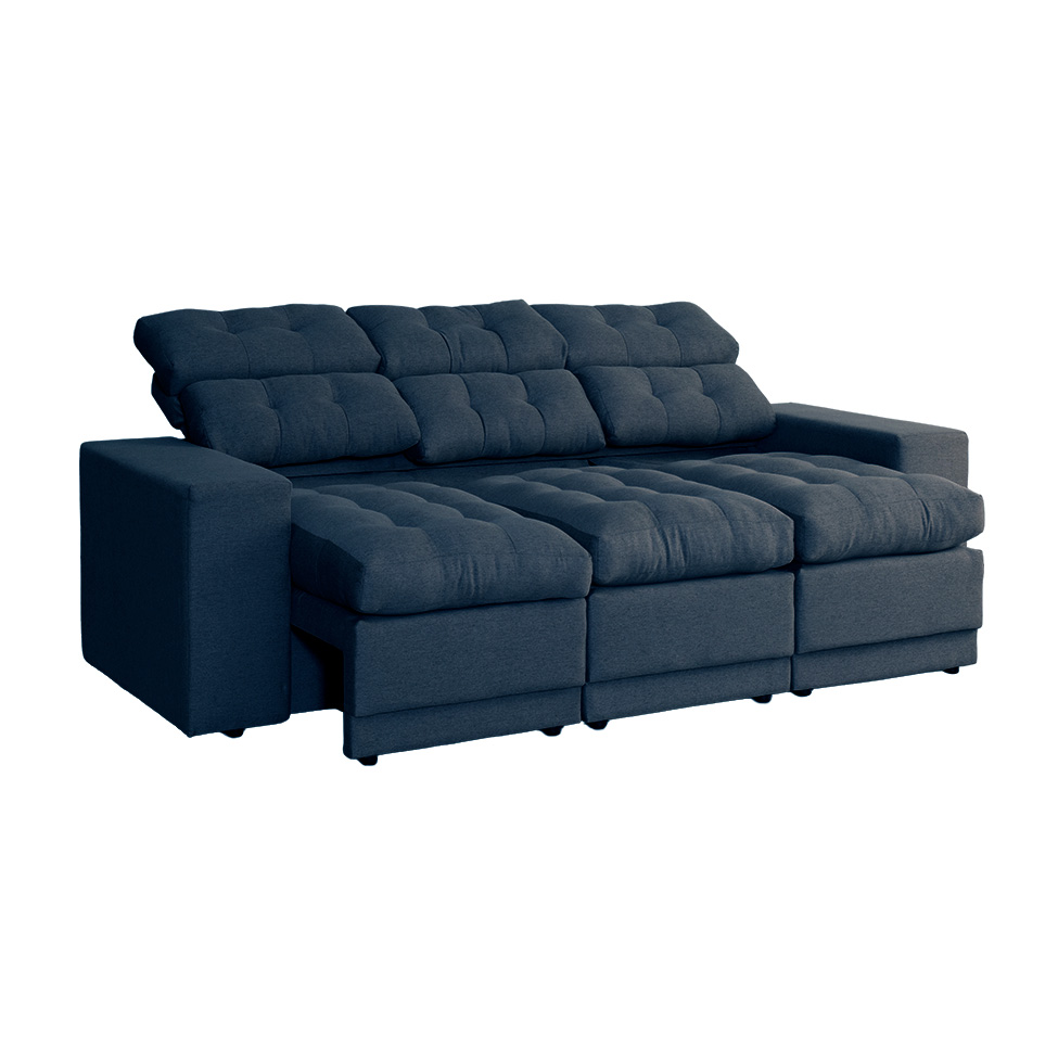 Sofá 3 Lugares Retrátil e Reclinável Baden Linho Azul Marinho 230 cm