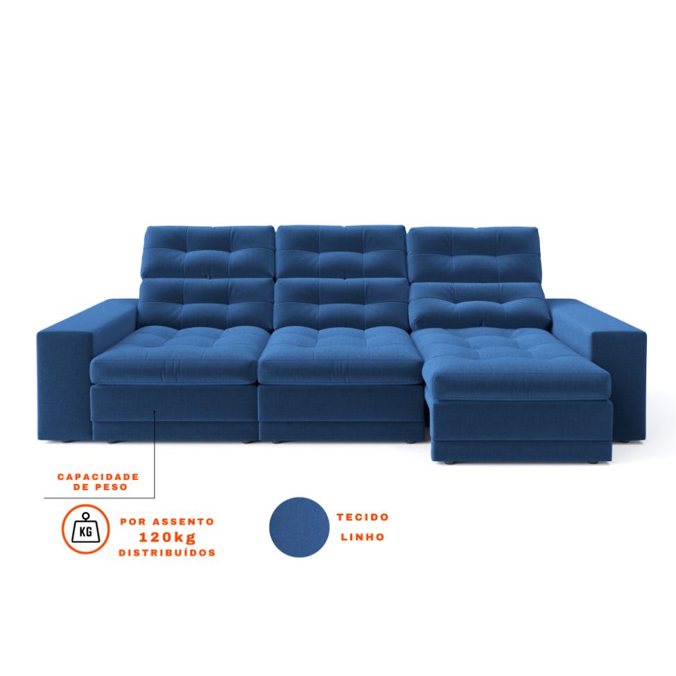 Sofá 3 Lugares Retrátil e Reclinável Baden Linho Azul Marinho 230 cm