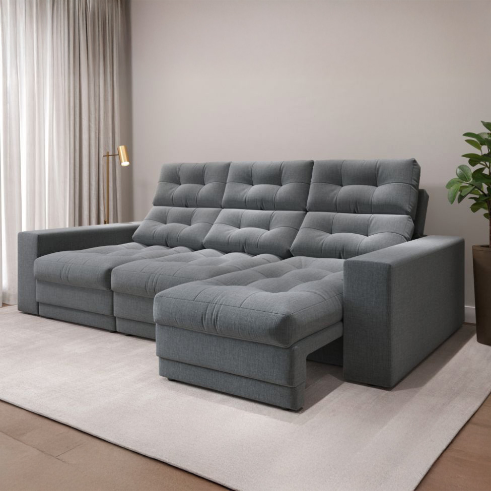 Sofá 3 Lugares Retrátil e Reclinável Baden Linho Cinza 230 cm