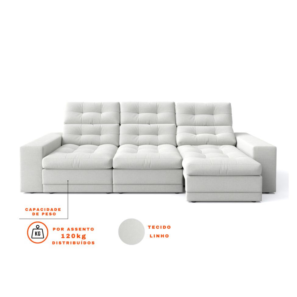 Sofá 3 Lugares Retrátil e Reclinável Baden Linho Cru 230 cm
