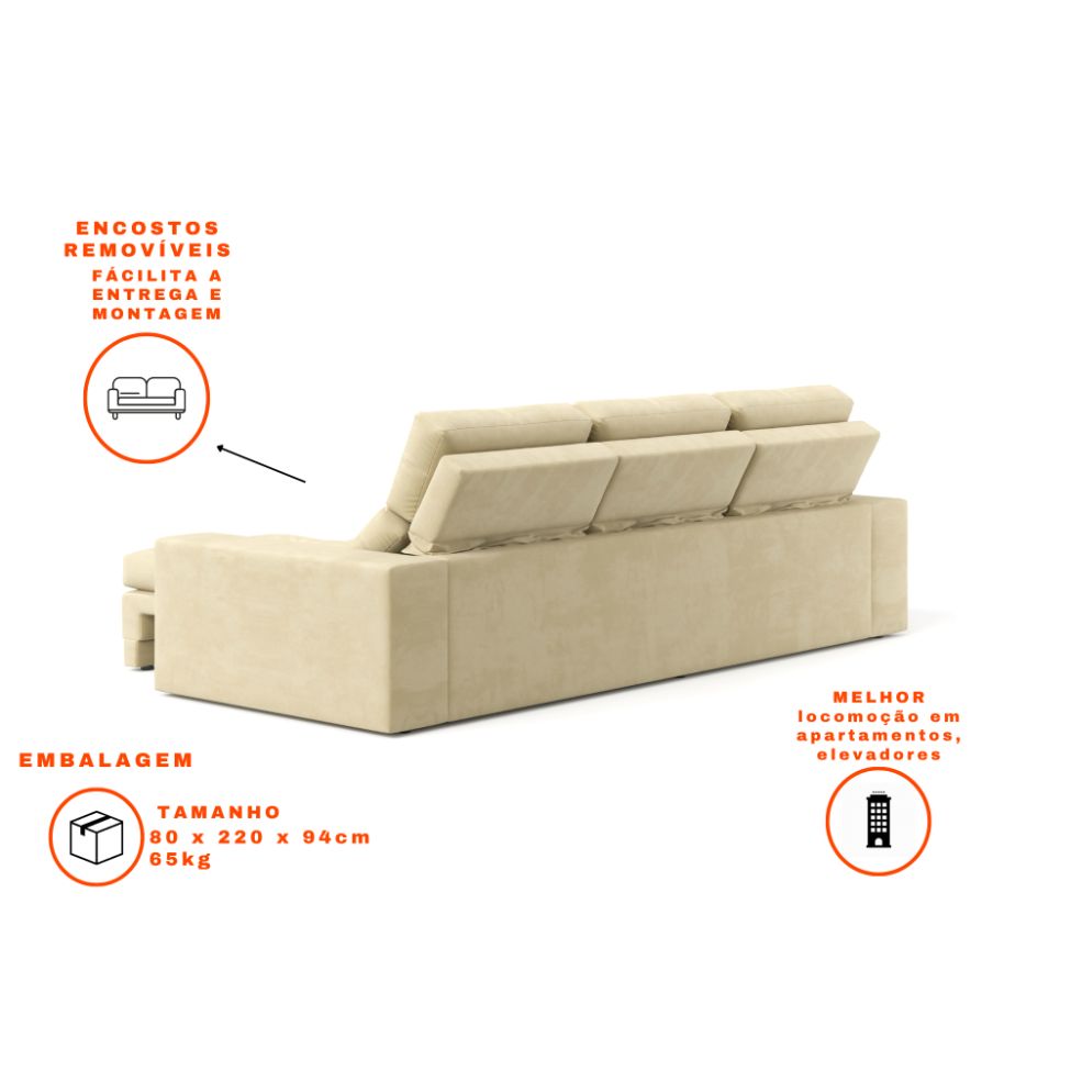 Sofá 3 Lugares Retrátil e Reclinável Baden Suede Bege 230 cm