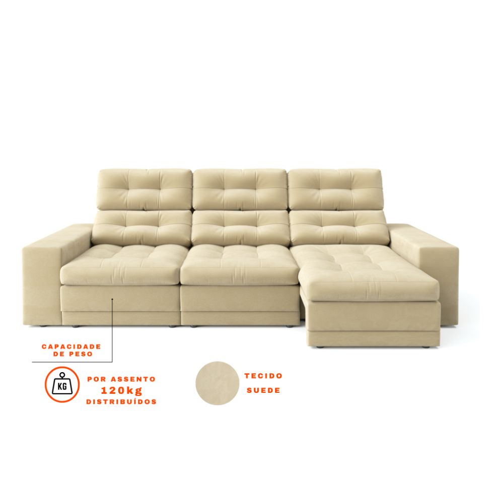 Sofá 3 Lugares Retrátil e Reclinável Baden Suede Bege 230 cm