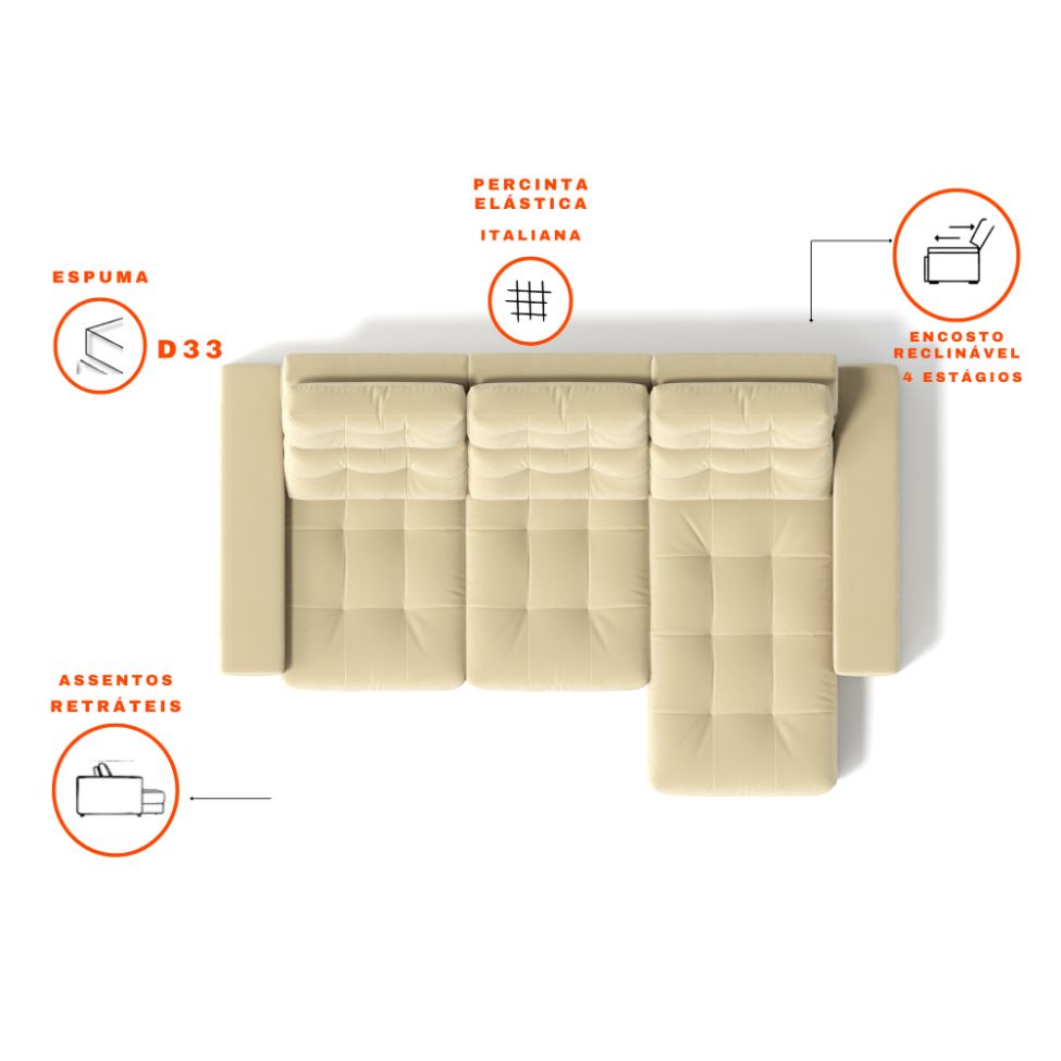 Sofá 3 Lugares Retrátil e Reclinável Baden Suede Bege 230 cm